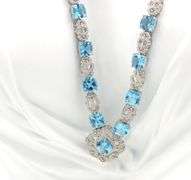 Jaw Dropping 29.00CTW Blue Topaz & 2.42CTW Diamonds on 14K White Gold Over Sterling Silver Necklace