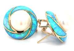 14kt Yellow gold synthetic opal and button pearl earrings