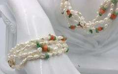 Set of pearl, jade and coral beaded multi strand necklace and bracelet