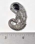 Peacock Brooch with Black Onyx, Red Garnet, and Marcasite Gemstones in Sterling Silver