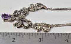 Amethyst and Marcasite Gemstone Pendant Necklace in Sterling Silver