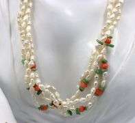 Set of pearl, jade and coral beaded multi strand necklace and bracelet