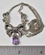 Amethyst and Marcasite Gemstone Pendant Necklace in Sterling Silver