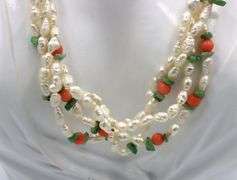 Set of pearl, jade and coral beaded multi strand necklace and bracelet