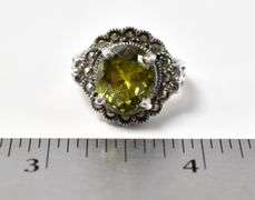 Green Gemstone and Marcasite Gemstone Ring in Sterling Silver