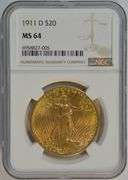 Rare Near Gem BU 1911-D St. Gaudens $20 Gold Piece. NGC MS64