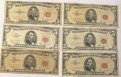 6 1953 Circulated Red Seal US Notes
