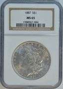 Stunning white Gem BU 1887 Morgan Silver Dollar. NGC MS65