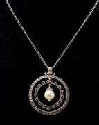 Pearl and Marcasite Gemstone Pendant Necklace in Sterling Silver
