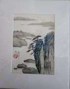 Collection of 3 original painting by Ping Zheng hand signed. Cliff, Waterfall, Fishing