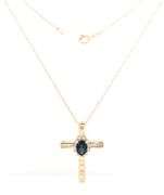 14kt Yellow gold blue sapphire and diamond cross pendant on chain