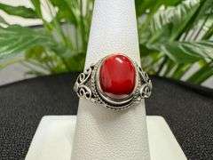 Sterling Silver Red Coral Ring Size 6