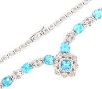 Jaw Dropping 29.00CTW Blue Topaz & 2.42CTW Diamonds on 14K White Gold Over Sterling Silver Necklace