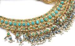 18kt Yellow gold Indian style Turquoise and pearl necklace