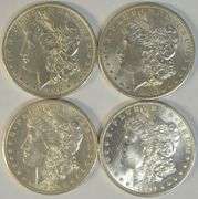 4 Diff. Cream-white Choice BU Morgan Silver Dollars 1896 to 1904-O