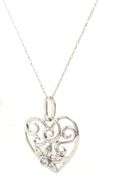 14kt White gold diamond swirl heart pendant on chain