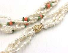 Set of pearl, jade and coral beaded multi strand necklace and bracelet