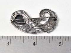 Peacock Brooch with Black Onyx, Red Garnet, and Marcasite Gemstones in Sterling Silver