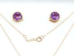 Set of 14kt yellow gold 2ctw amethyst bezel set necklace and earrings