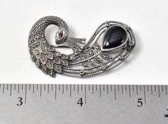 Peacock Brooch with Black Onyx, Red Garnet, and Marcasite Gemstones in Sterling Silver