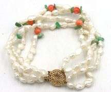 Set of pearl, jade and coral beaded multi strand necklace and bracelet