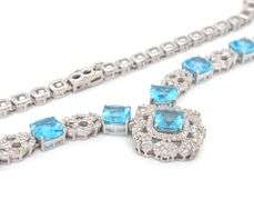Jaw Dropping 29.00CTW Blue Topaz & 2.42CTW Diamonds on 14K White Gold Over Sterling Silver Necklace