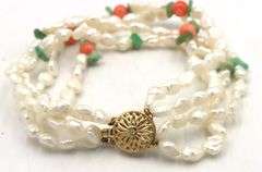 Set of pearl, jade and coral beaded multi strand necklace and bracelet