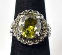 Green Gemstone and Marcasite Gemstone Ring in Sterling Silver