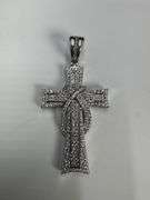 Rhodium Plated 925 Sterling Silver CZ Ribbon Cross Pendant