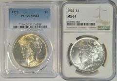Near Gem BU 1923 (PCGS) and 1924 (NGC) MS64 Peace Silver Dollars
