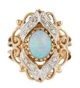 Vintage Oval Opal and 0.20ctw Diamond Milgrain Heirloom Cocktail Ring in 14K