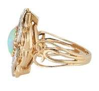Vintage Oval Opal and 0.20ctw Diamond Milgrain Heirloom Cocktail Ring in 14K