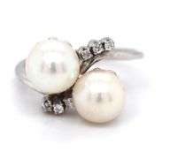 18kt White gold double pearl and diamond accent bypass ring