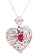 14kt White gold 0.75ctw ruby and diamond heart shaped pendant on chain