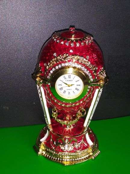 Hand-Painted Rhinestone Trinket Box with Clock