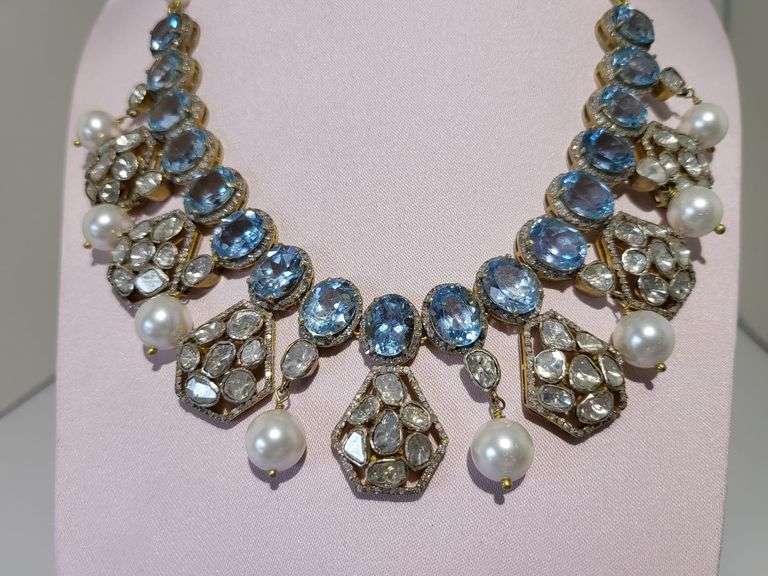 Edwardian Reproduction 14K Yellow Gold over Sterling Silver Diamond and Blue Topaz Necklace