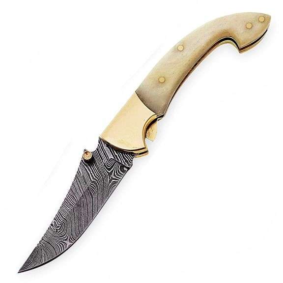 Damascus Steel Folding Pocket Knife Camel Bone Handle