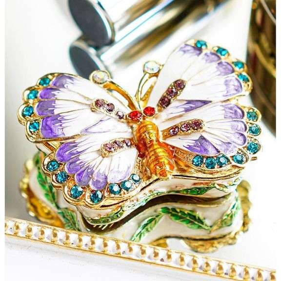 Butterfly Hand-Painted Metal and Crystal Trinket Box