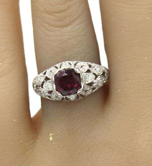 18kt White gold 1ctw garnet and 0.35ctw diamond open work ring
