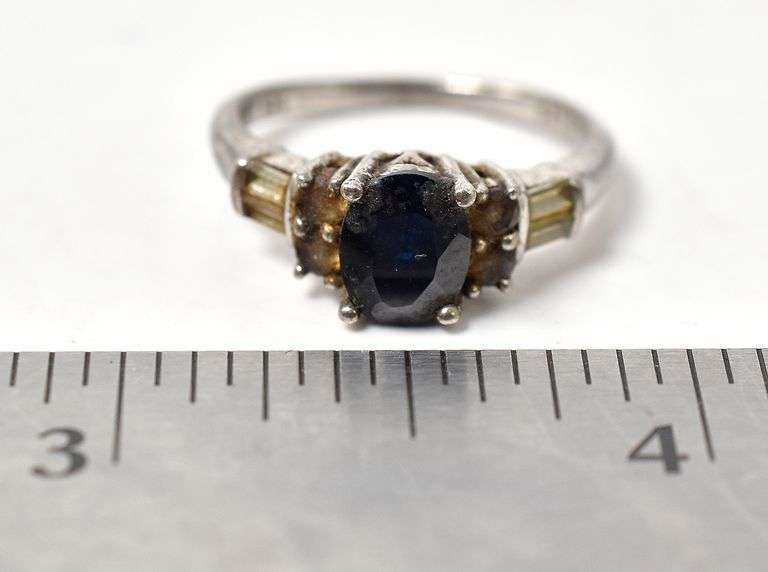 Blue Sapphire and Cz Gemstone Ring in Sterling Silver