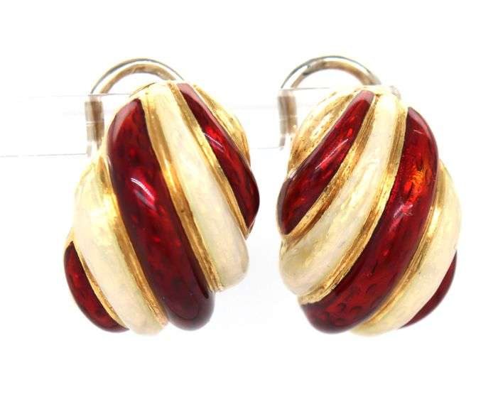 18kt Yellow gold Vintage signed red and white enamel earrings