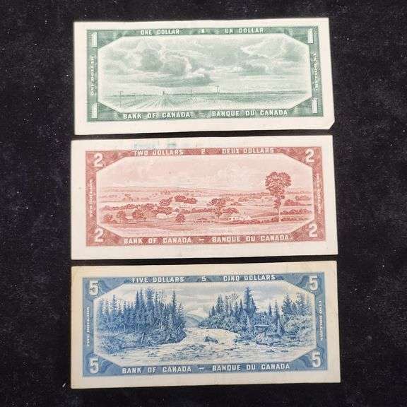 1954 Canadian Dollars Lot, $1, $2, $5