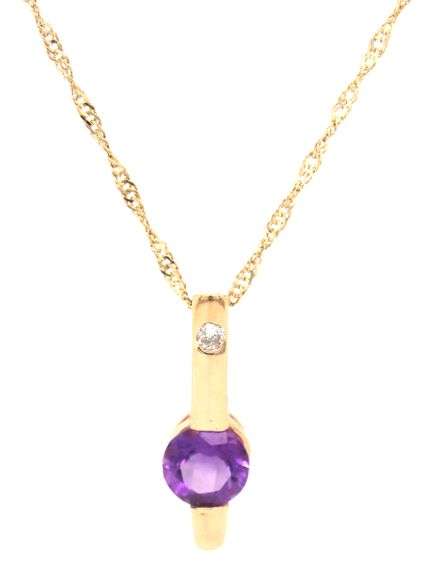 14kt Yellow gold amethyst and diamond bar pendant on rope chain necklace