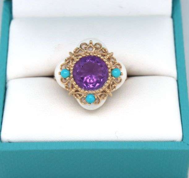 14kt Yellow gold white agate, amethyst and turquoise ring