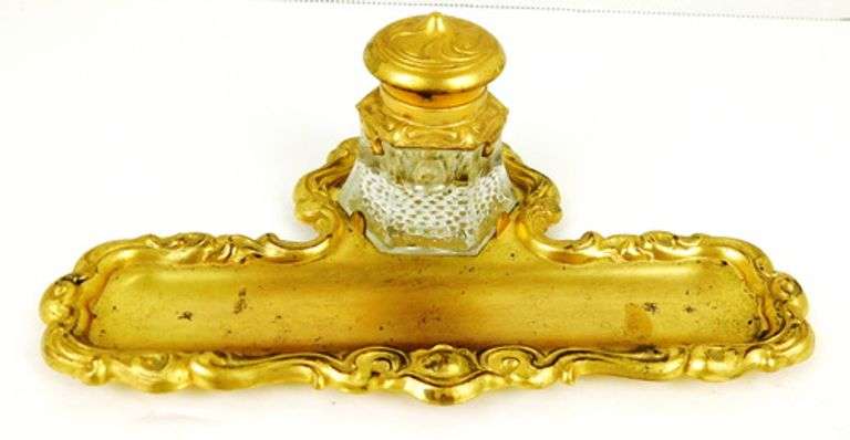 Antique Brass Inkwell & Pen Tray