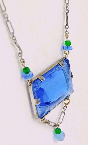 Deco Sterling Carved Glass Necklace