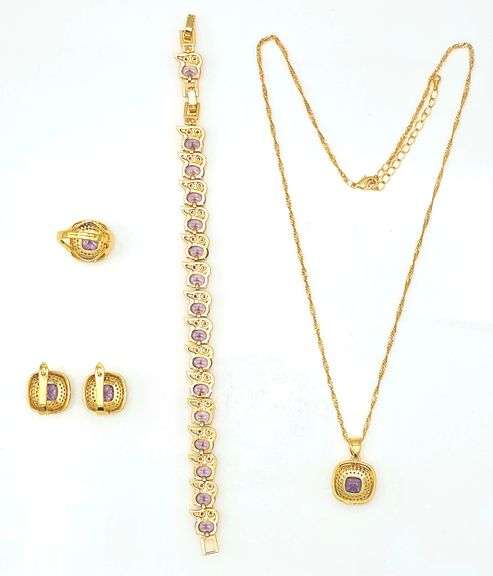 Gorgeous 18 Kt Gold Plate 5 Piece Lab Simulated Amethyst and Diamond Jewelry Set
