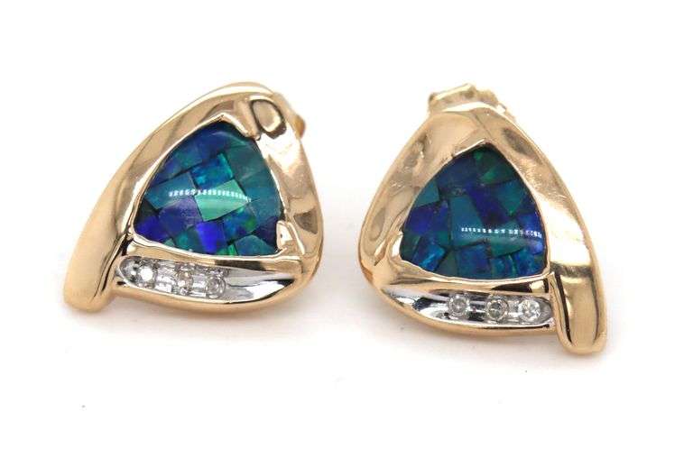 10kt Yellow gold Mosaic opal and diamond earrings