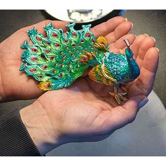 Peacock Jeweled Trinket Box with Hidden Compartment