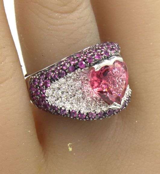18kt White gold 4.50ct pink tourmaline and pave diamond and pink sapphire ring